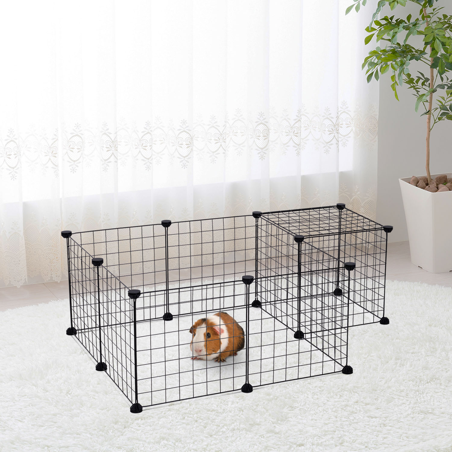 Ein Meerschweinchen in einem schwarzen Drahtkäfig mit einem weißen, flauschigen Teppich im Hintergrund.