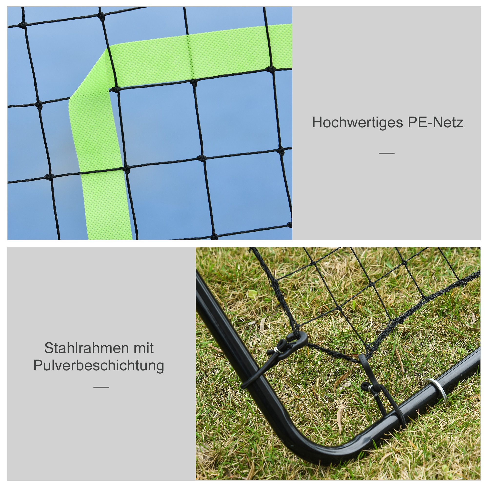 Nahaufnahme von Baseballnetzdetails mit grünem Klebeband und schwarzem Rahmen. Das Netz ist vor blauem Himmel.