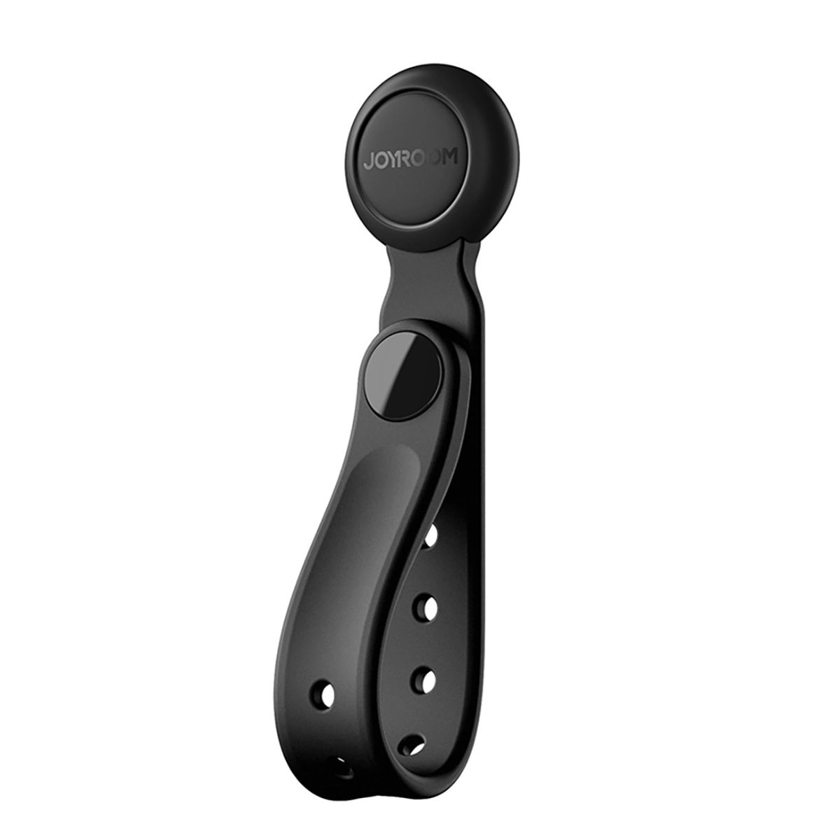 Un singolo fermaglio nero con la scritta 'JOYROOM'. Ha una parte superiore rotonda, un corpo curvo con fori.