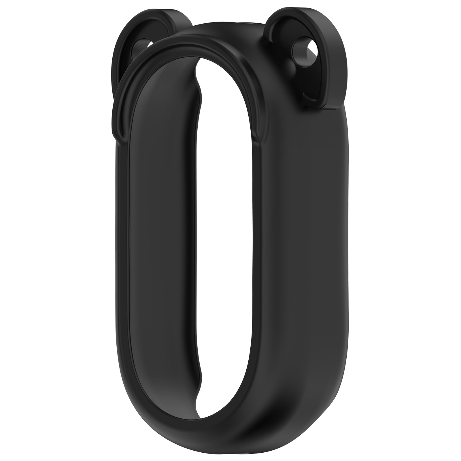 Ein schwarzes Zubehör mit ohrenförmigem Design. Es hat eine ovale Form mit ohrenähnlichen Verlängerungen. Weißer Hintergrund.