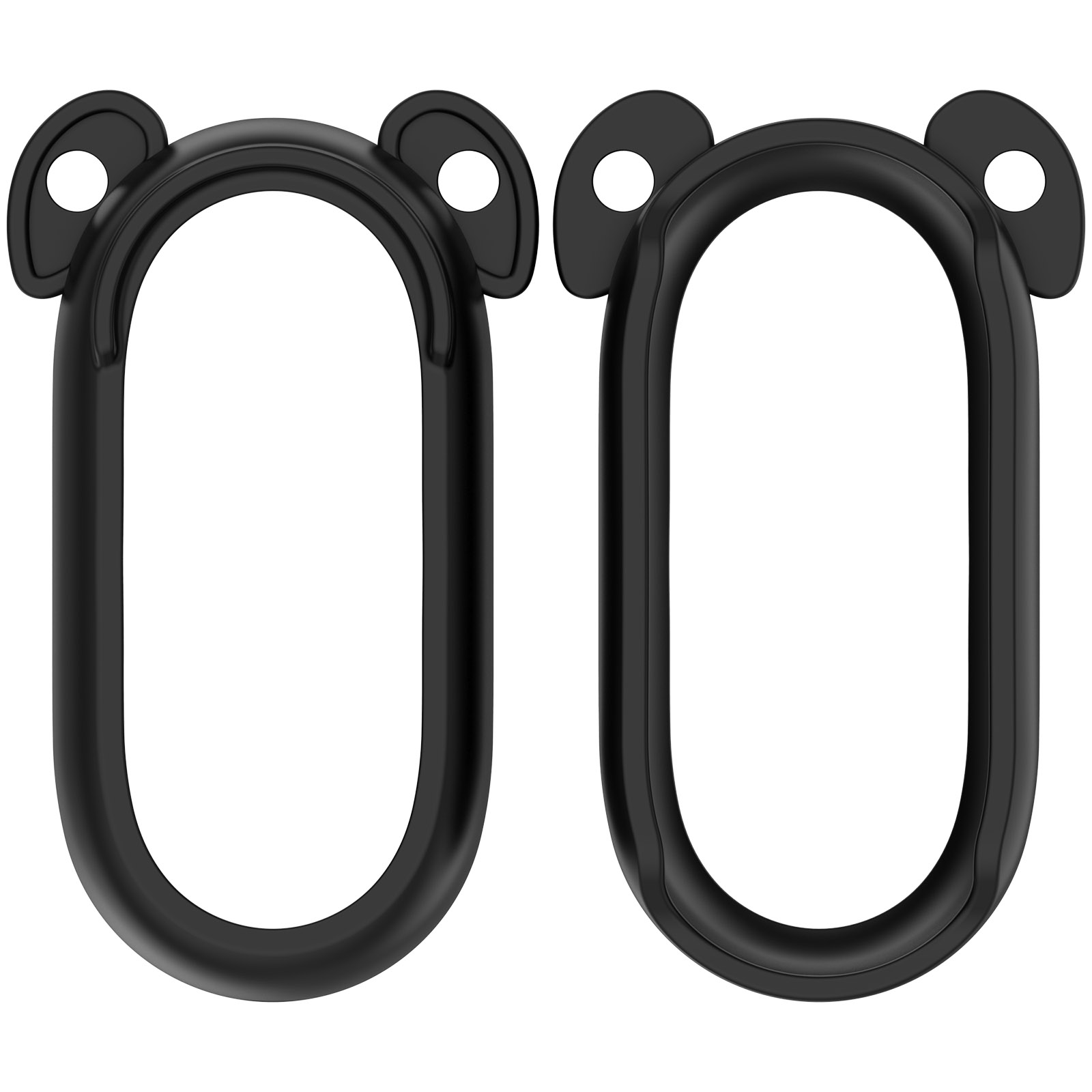 Zwei schwarze Accessoires mit ohrenförmigen Designs. Sie sind oval mit kleinen, ohrenähnlichen Verlängerungen.