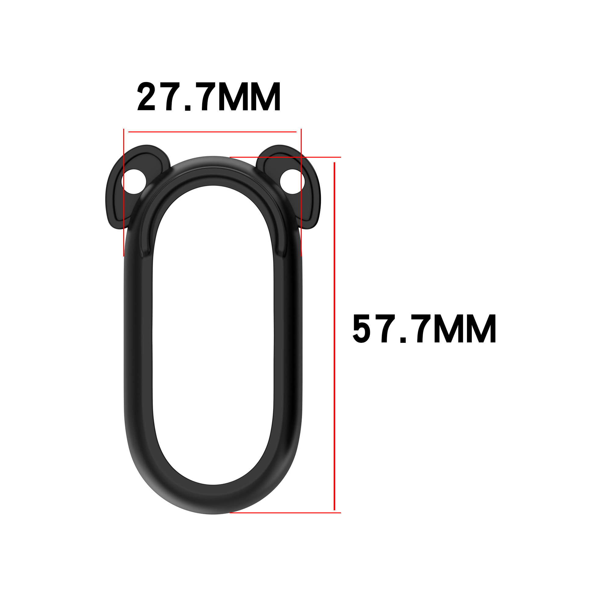 Ein schwarzes Zubehör mit den Maßen 27,7 mm x 57,7 mm. Die Form ähnelt einem schwarzen Ohr.