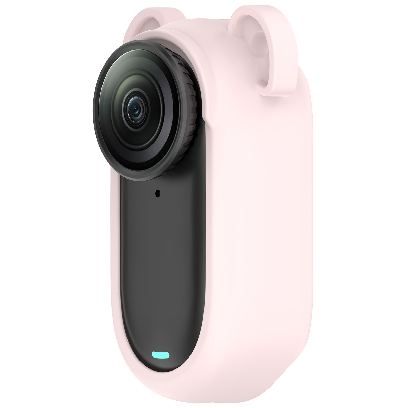 Una fotocamera rosa in una custodia con orecchie di orso. Obiettivo nero, corpo nero.