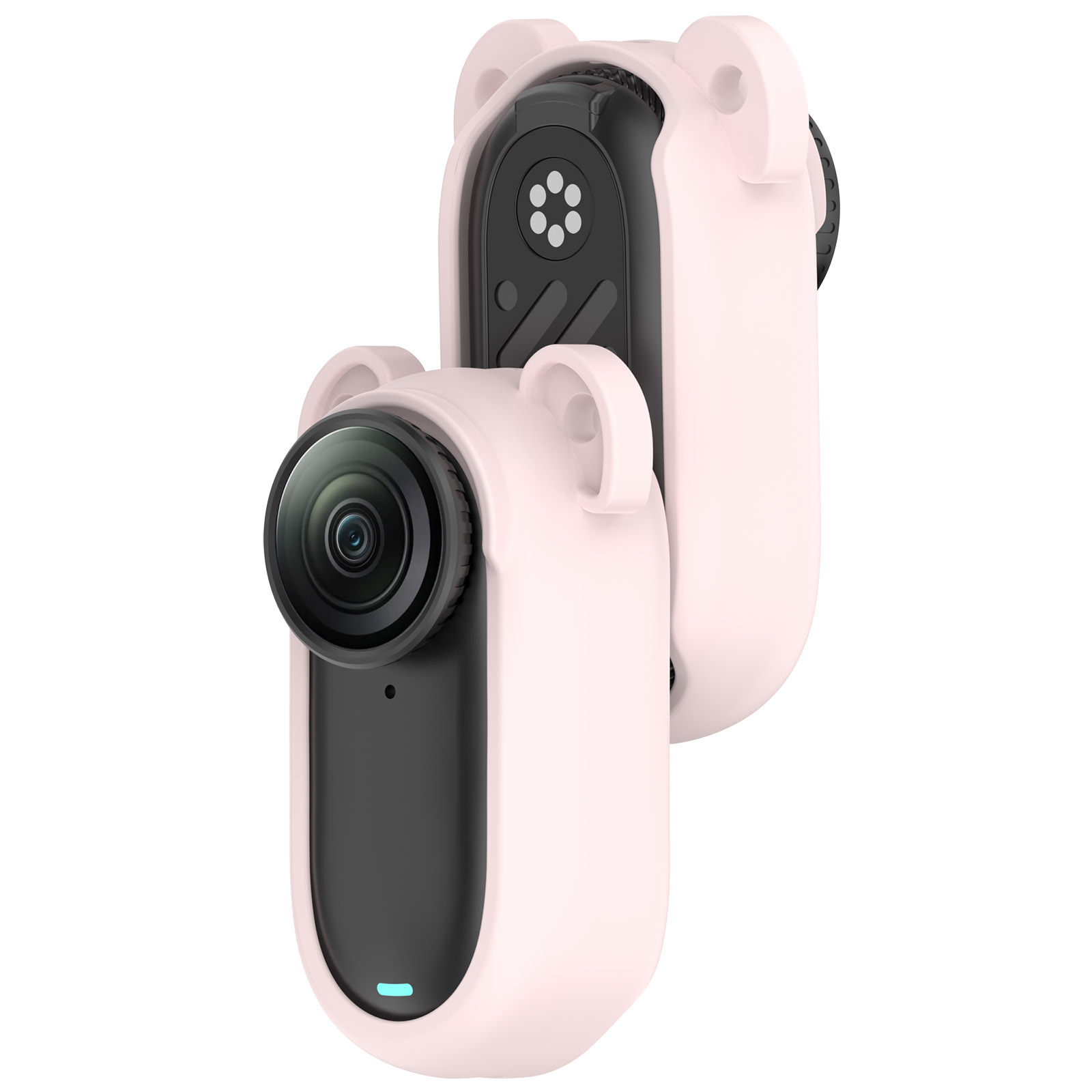 Una fotocamera rosa con custodia a orecchie di orso e custodia staccata. Obiettivo nero, corpo nero.