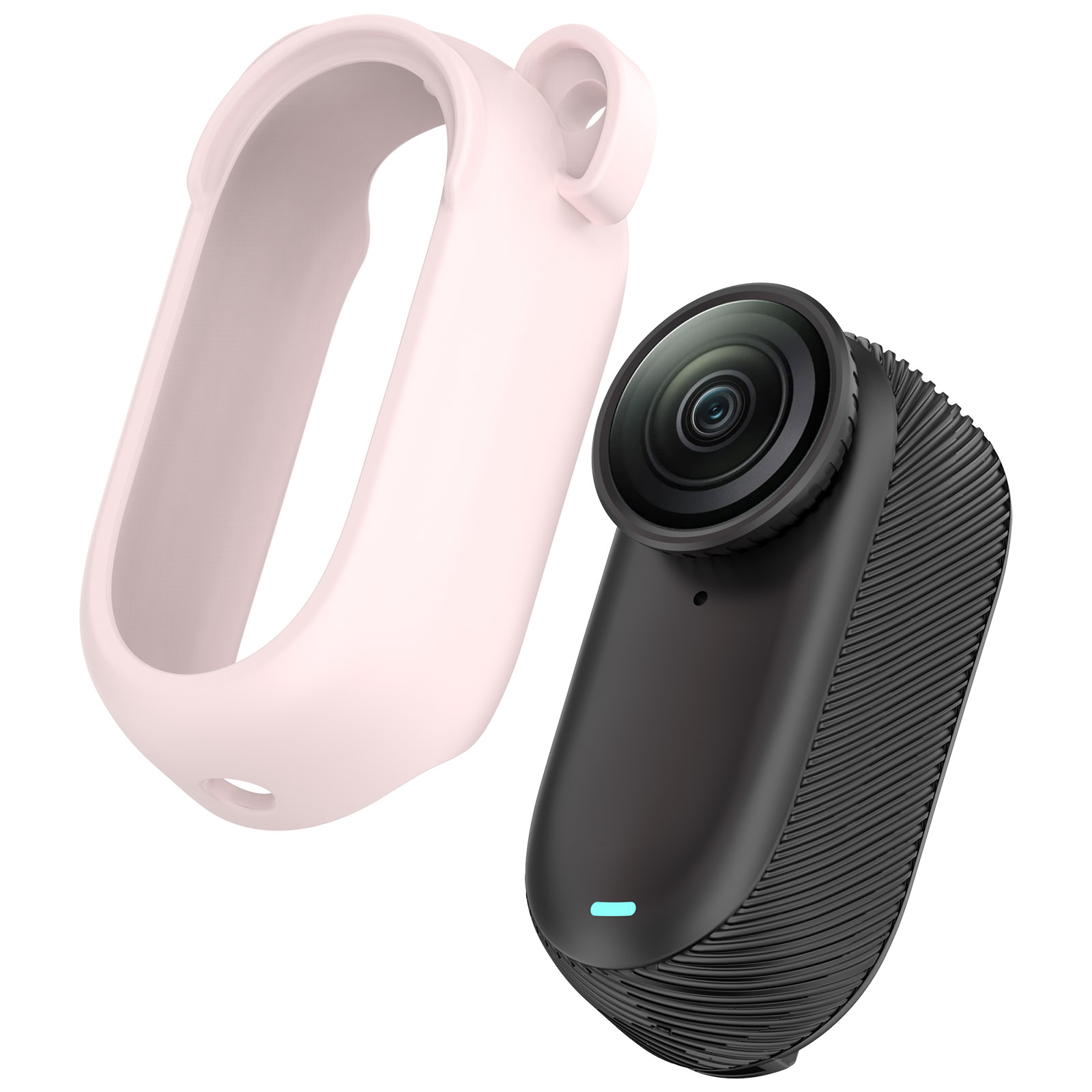 Una fotocamera rosa con custodia a orecchie di orso accanto alla custodia. Obiettivo nero, corpo nero.