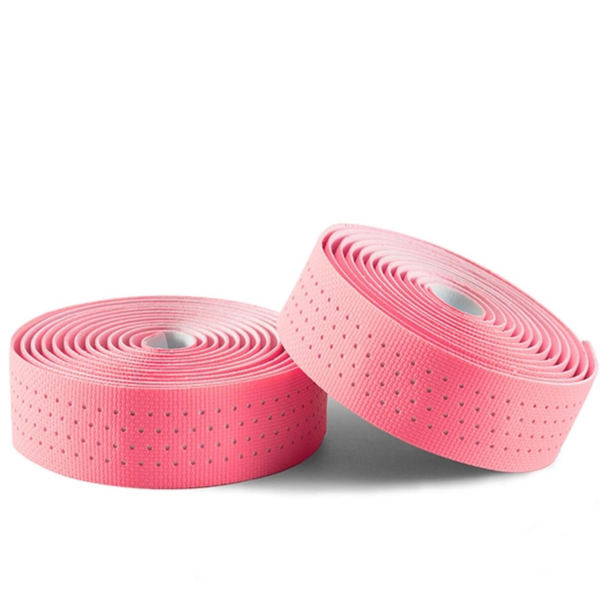 Zwei Rollen pinkfarbenes Lenkerband mit perforierten Löchern. Der Hintergrund ist weiß.