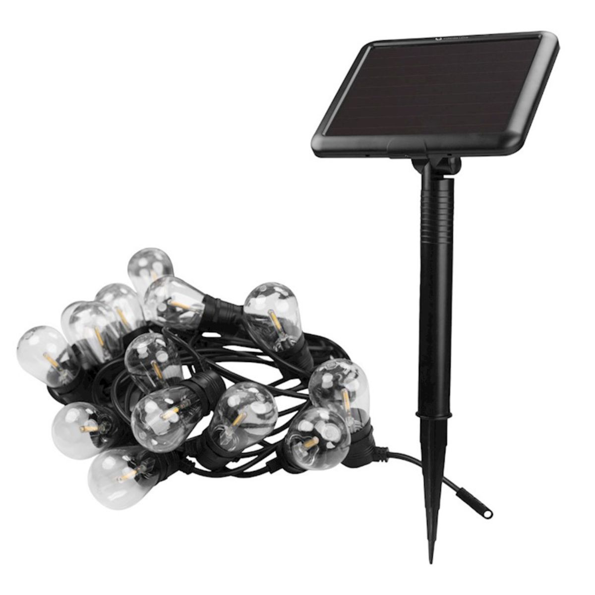 Solarbetriebene Lichterkette mit durchsichtigen Glühbirnen und einem Solarpanel.
