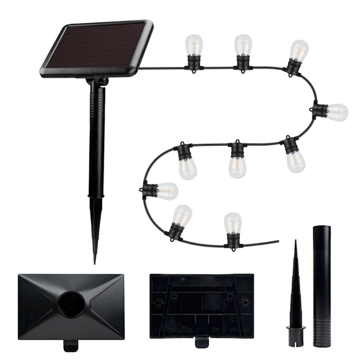 Solar-Lichterkette mit klaren Glühbirnen und einem Solarpanel. Die Lichter sind schwarz.