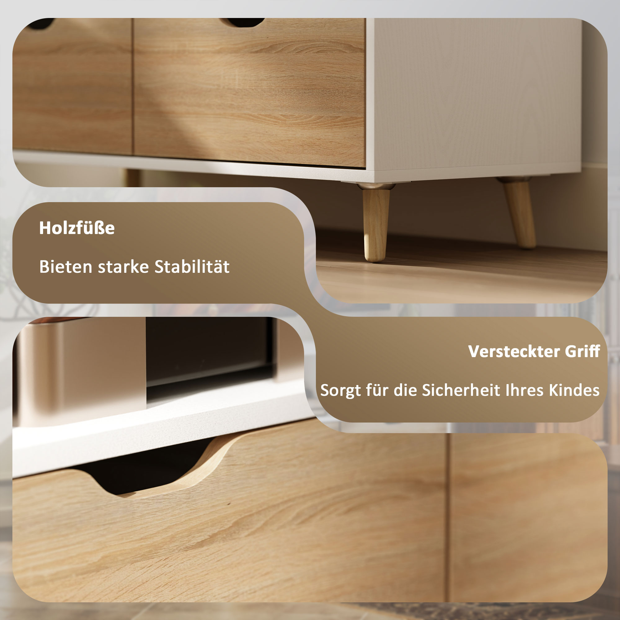 Nahaufnahme eines weißen und holzfarbenen TV-Ständers mit Details. Text auf Deutsch.