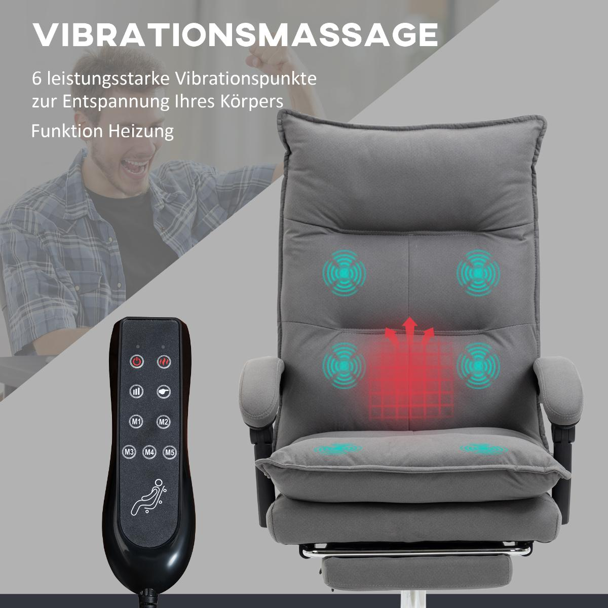 Grauer Massagesessel mit Fernbedienung, die Massagepunkte und die Funktion zeigt.