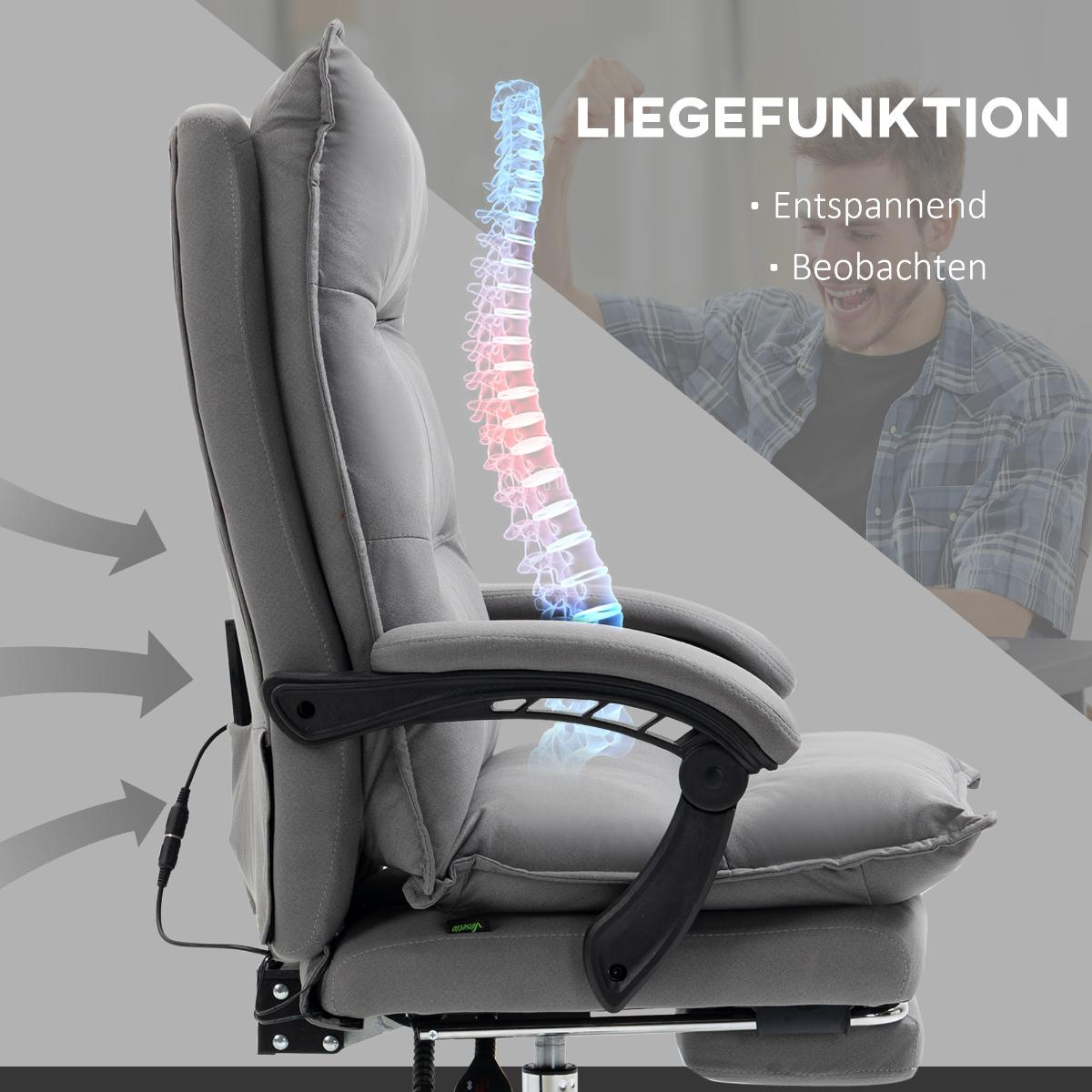 Grauer Massagesessel, der die Wirbelsäule und die Liegefunktion zeigt.