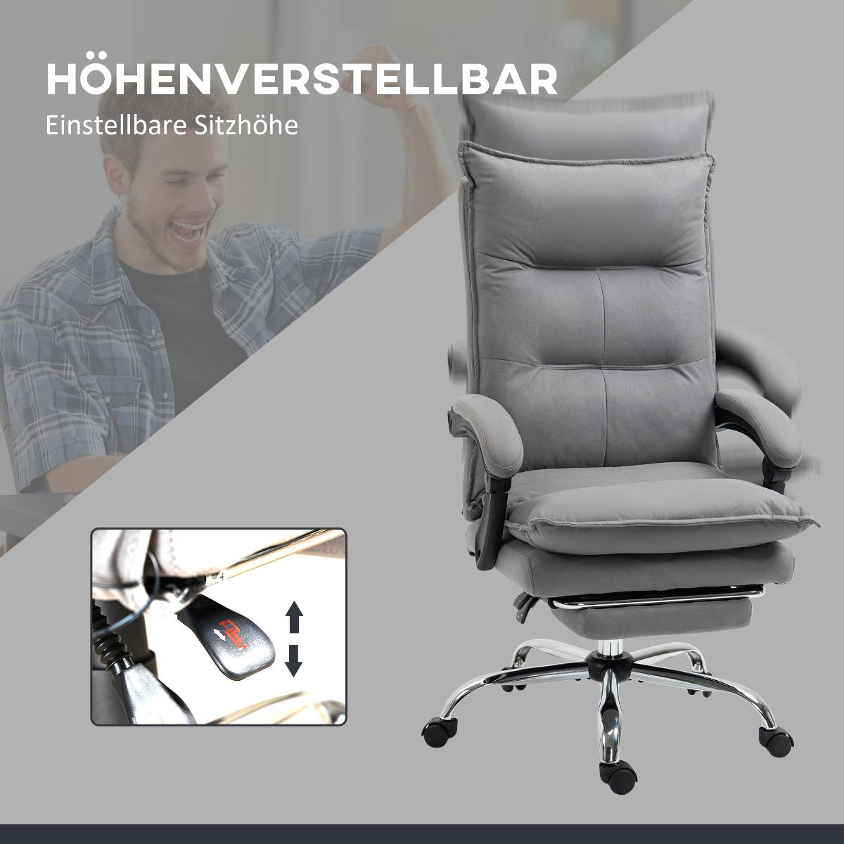 Grauer Massagesessel mit Mann im Hintergrund und dem Knopf zur Höhenverstellung.