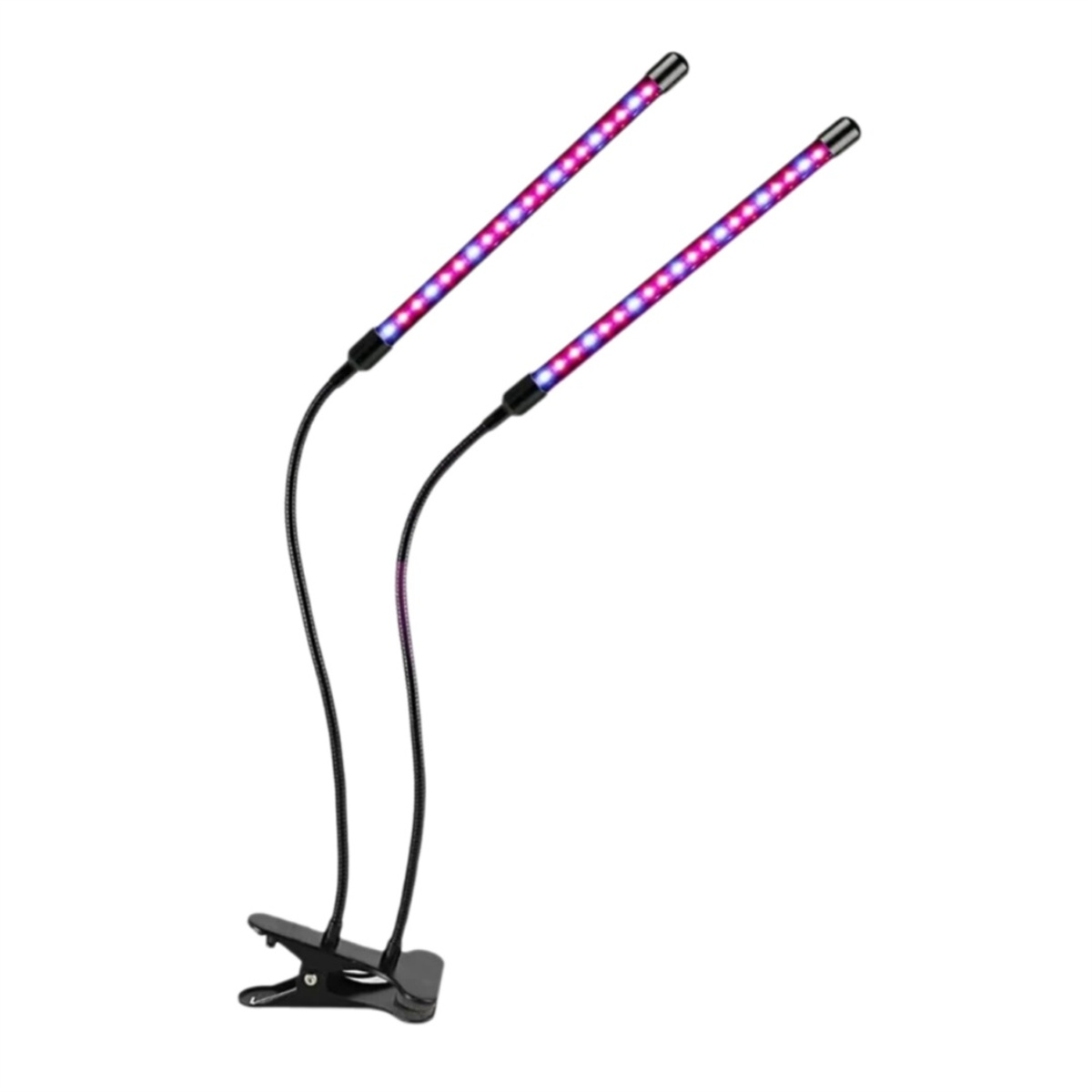 Zwei flexible LED-Pflanzenwachstumslampen mit Clip-Basis auf weißem Hintergrund.