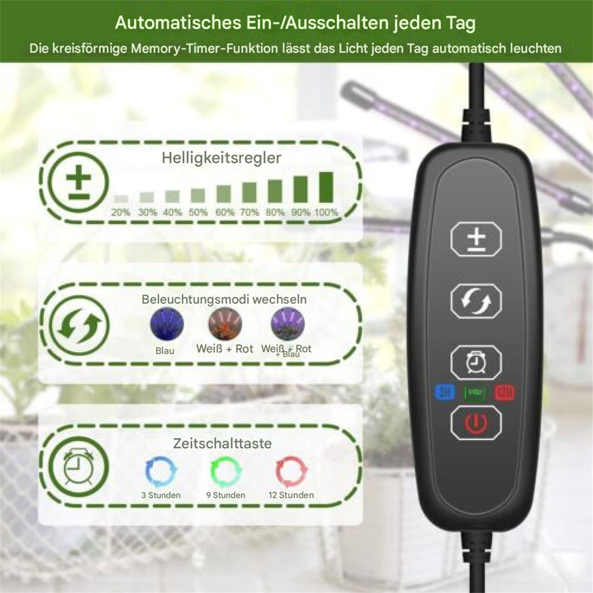Bedienfeld mit Tasten für Lichteinstellungen und Timerfunktionen, mit einer Pflanzenlampe.