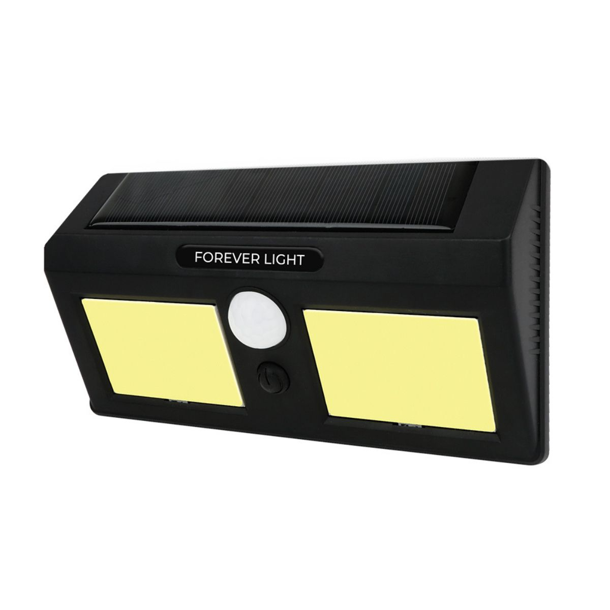 Schwarzes Solarlicht mit zwei gelben Lichtpaneelen, einem Sensor und dem Text: FOREVER LIGHT.