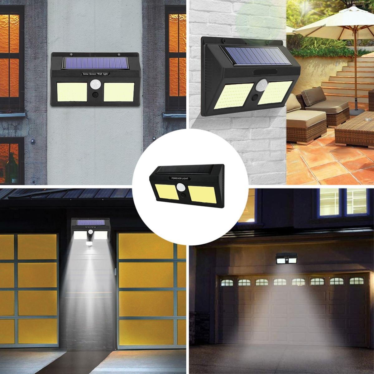 Vier Solar-Sensor-Wandleuchten in verschiedenen Umgebungen, einschließlich Hauswand und Garage.