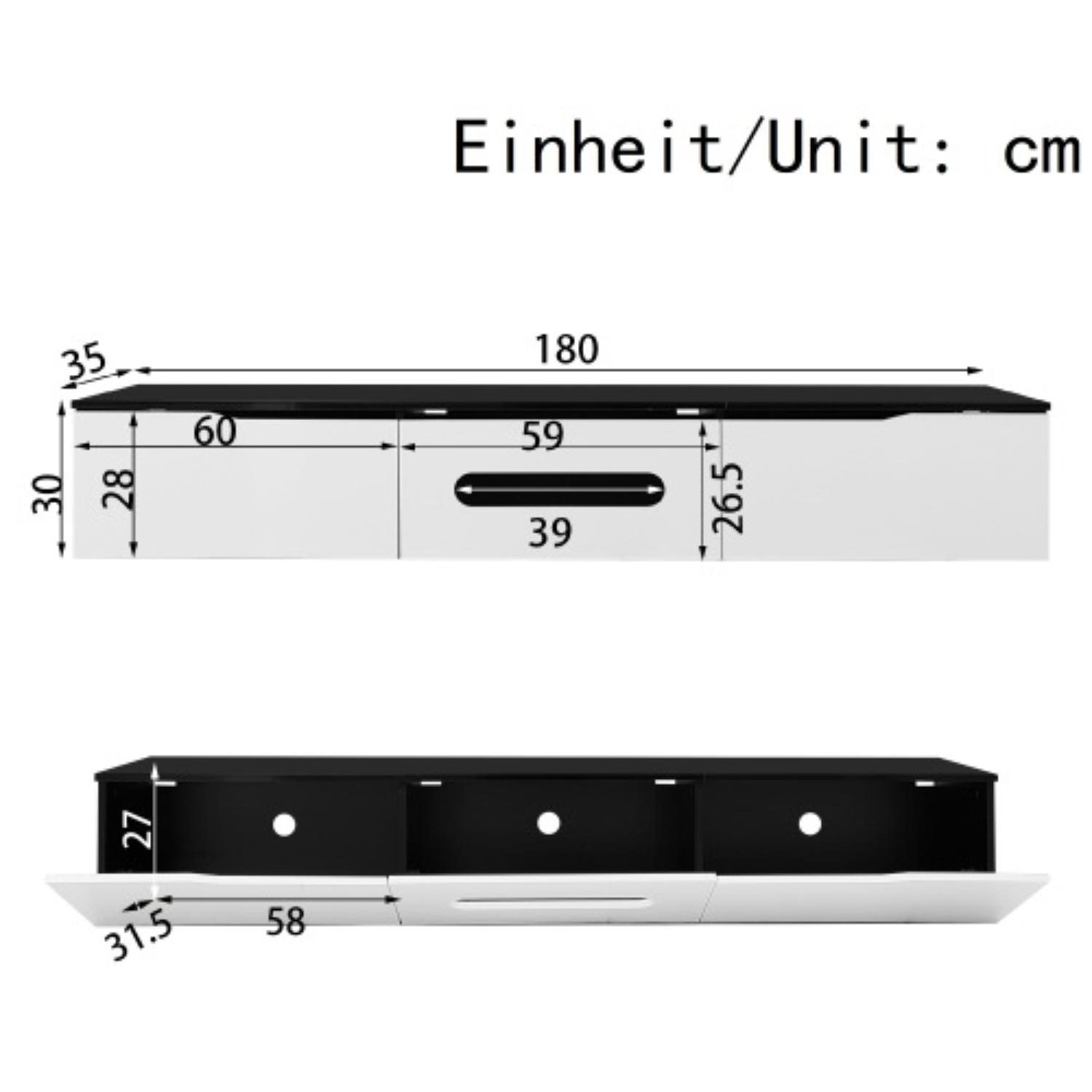 Diagramm mit Abmessungen eines weiß-schwarzen TV-Ständers, mit Maßen in Zentimetern.