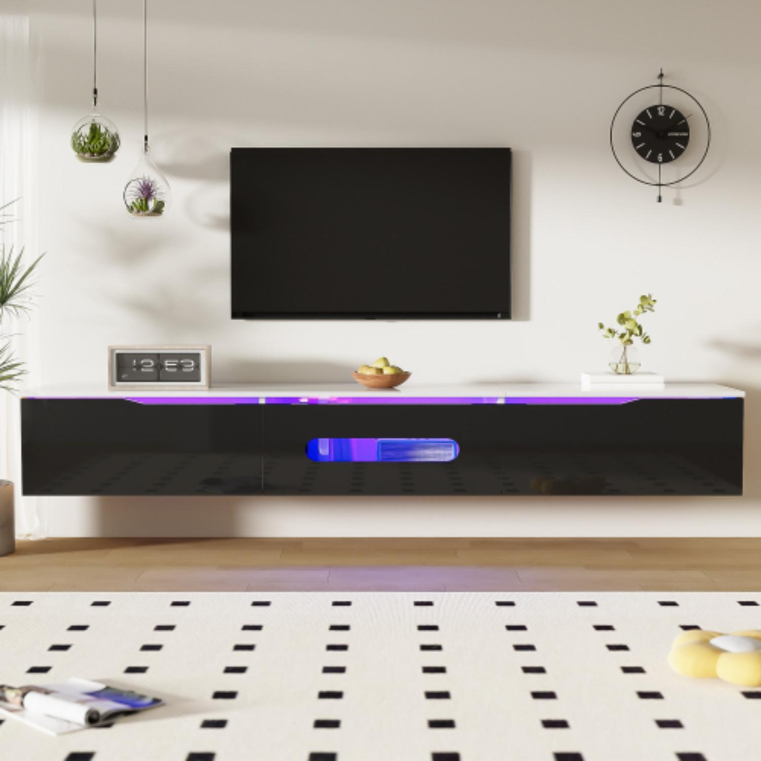 Ein moderner TV-Ständer mit Fernseher. Er hat weiße, schwarze und violette Lichter.
