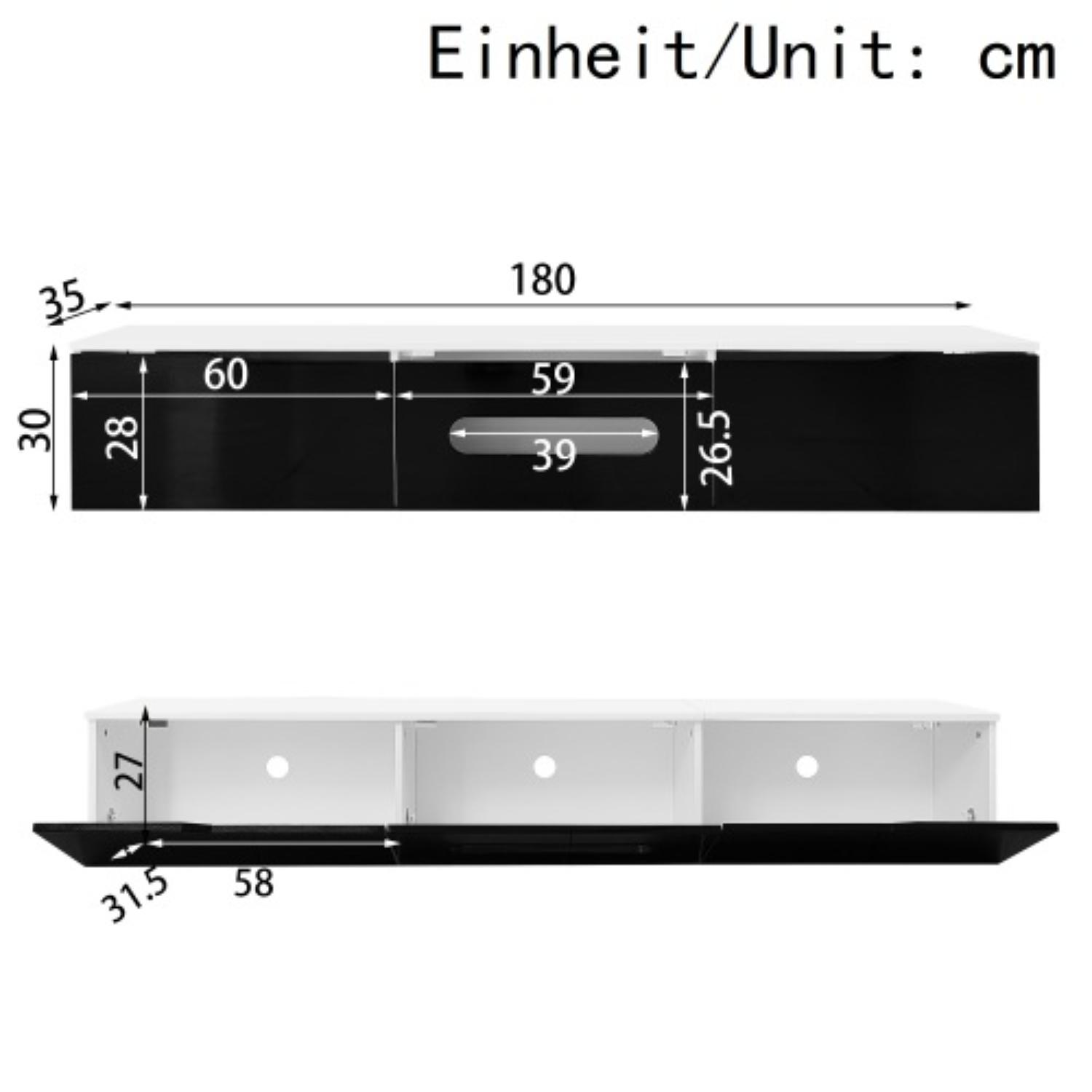 Diagramm eines schwarz-weißen TV-Ständers mit Abmessungen in Zentimetern.