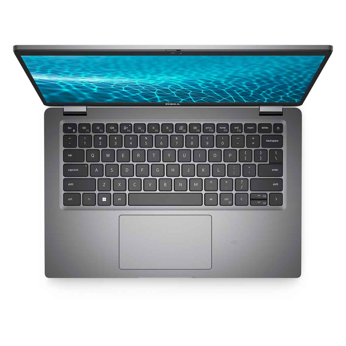 Laptop Dell, otwarty, wyświetlający niebieski wzór sieci.