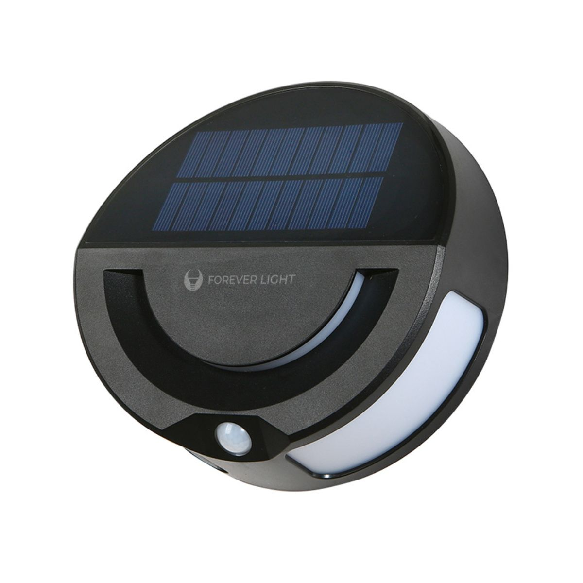 Schwarze Solarleuchte für den Außenbereich mit Solarpanel und Bewegungssensor.