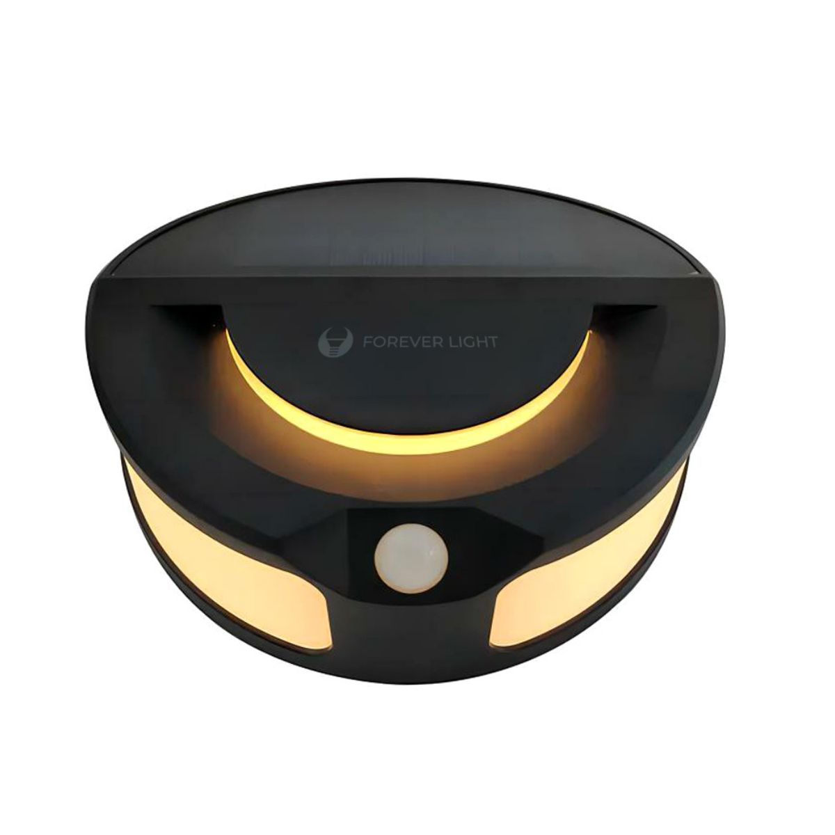 Schwarze Solarleuchte für den Außenbereich mit Griff und Forever Light Logo.