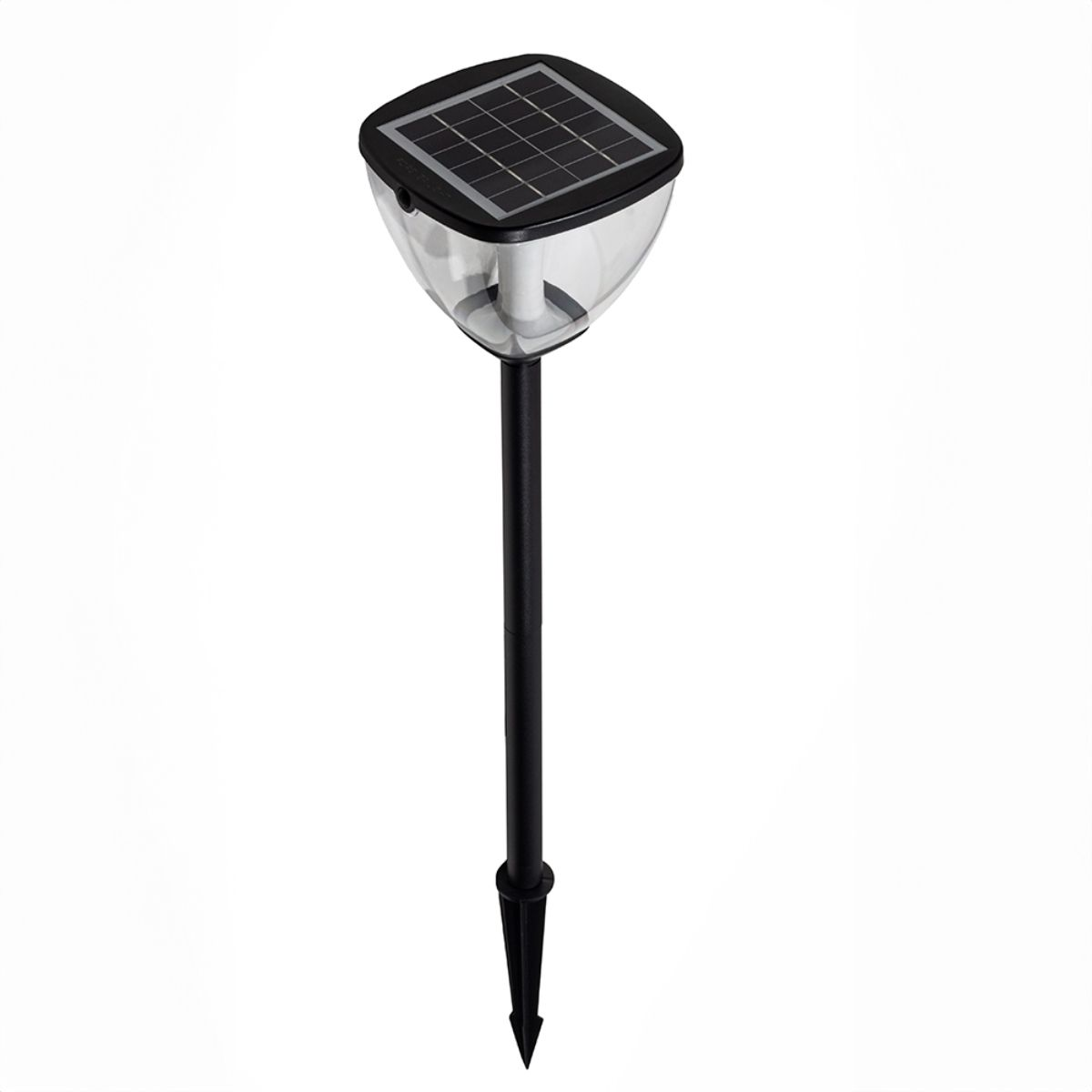 Een buitenlamp, een zwarte paal met een heldere, omgekeerde kegelvorm.