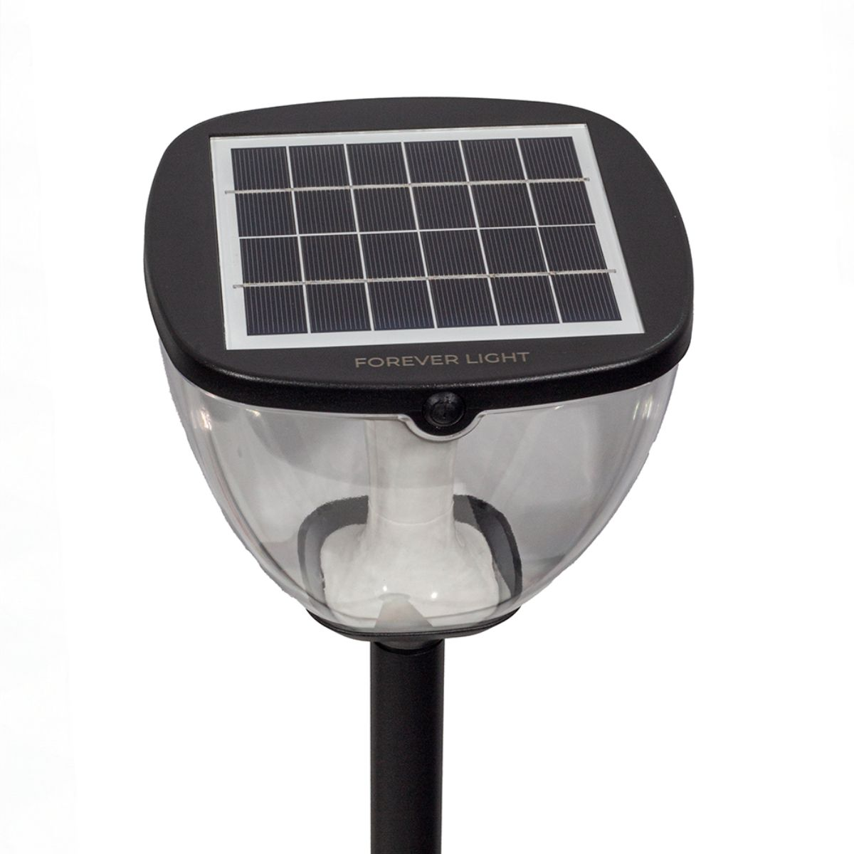 Een buitenlamp op zonne-energie met een zwarte bovenkant en een heldere, afgeronde afdekking.
