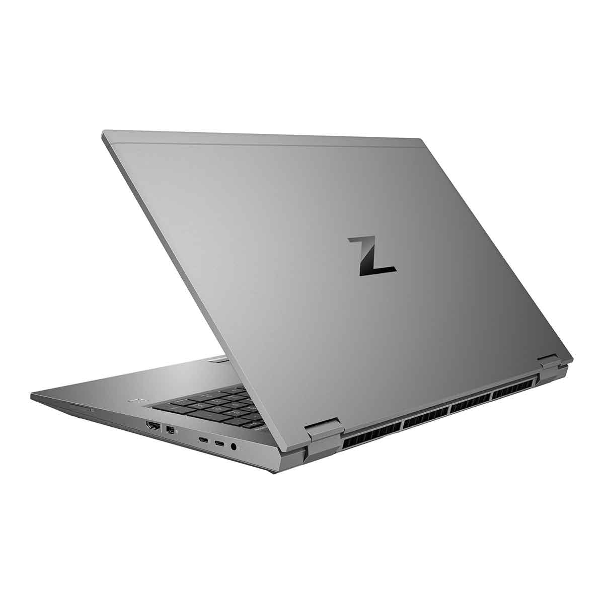 Srebrny laptop z otwartą pokrywą, czarne logo, białe tło.