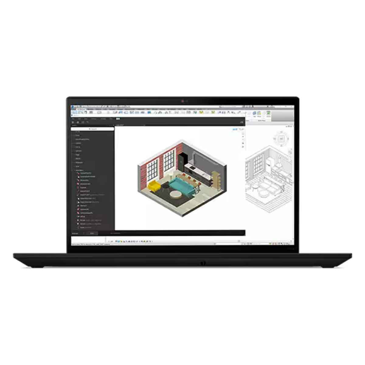Ein Laptop-Bildschirm, der Innenarchitektursoftware mit einem 3D-Modell anzeigt.