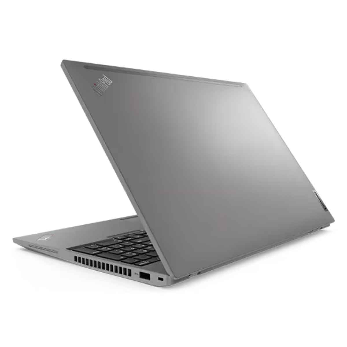 Grauer Laptop aus der Rückansicht, geöffnet, Tastatur und etwas Bildschirm sichtbar.
