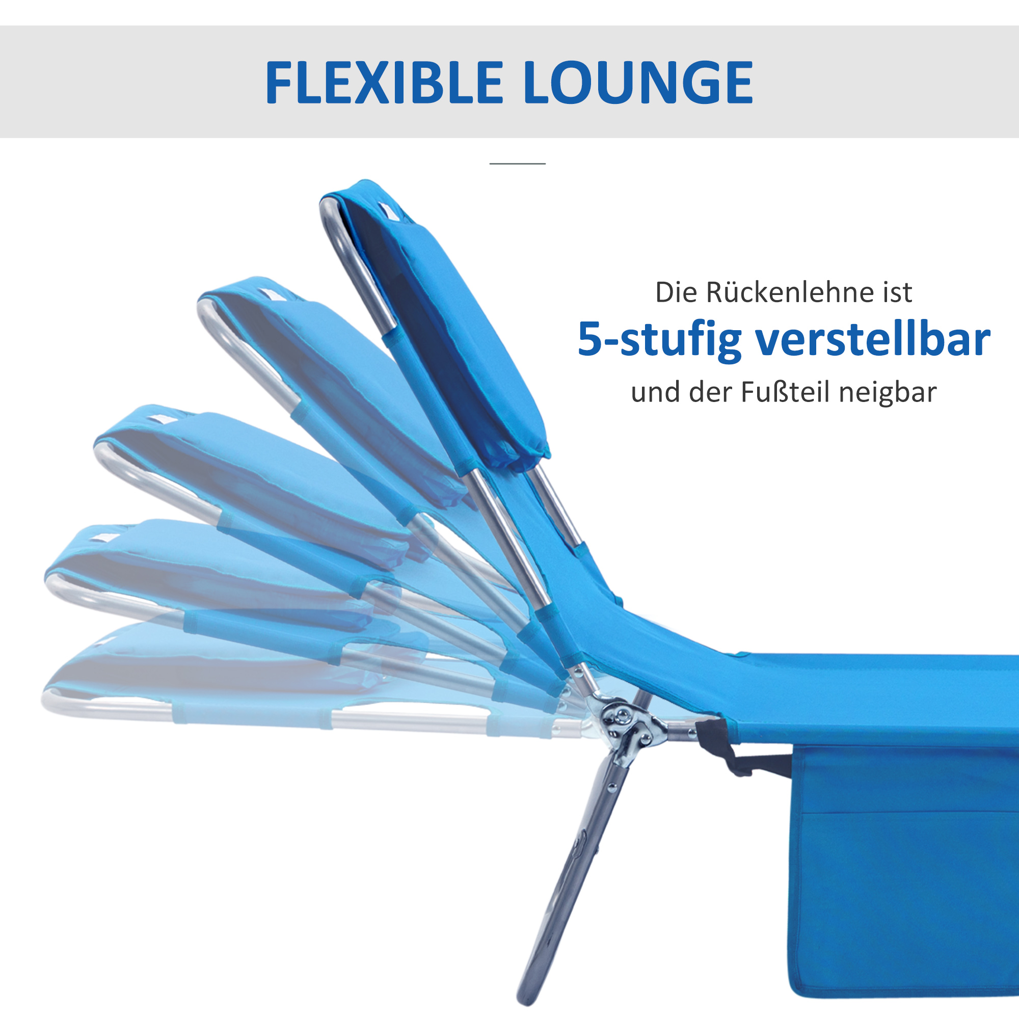 Blauer, verstellbarer Strandstuhl, weißer Hintergrund.