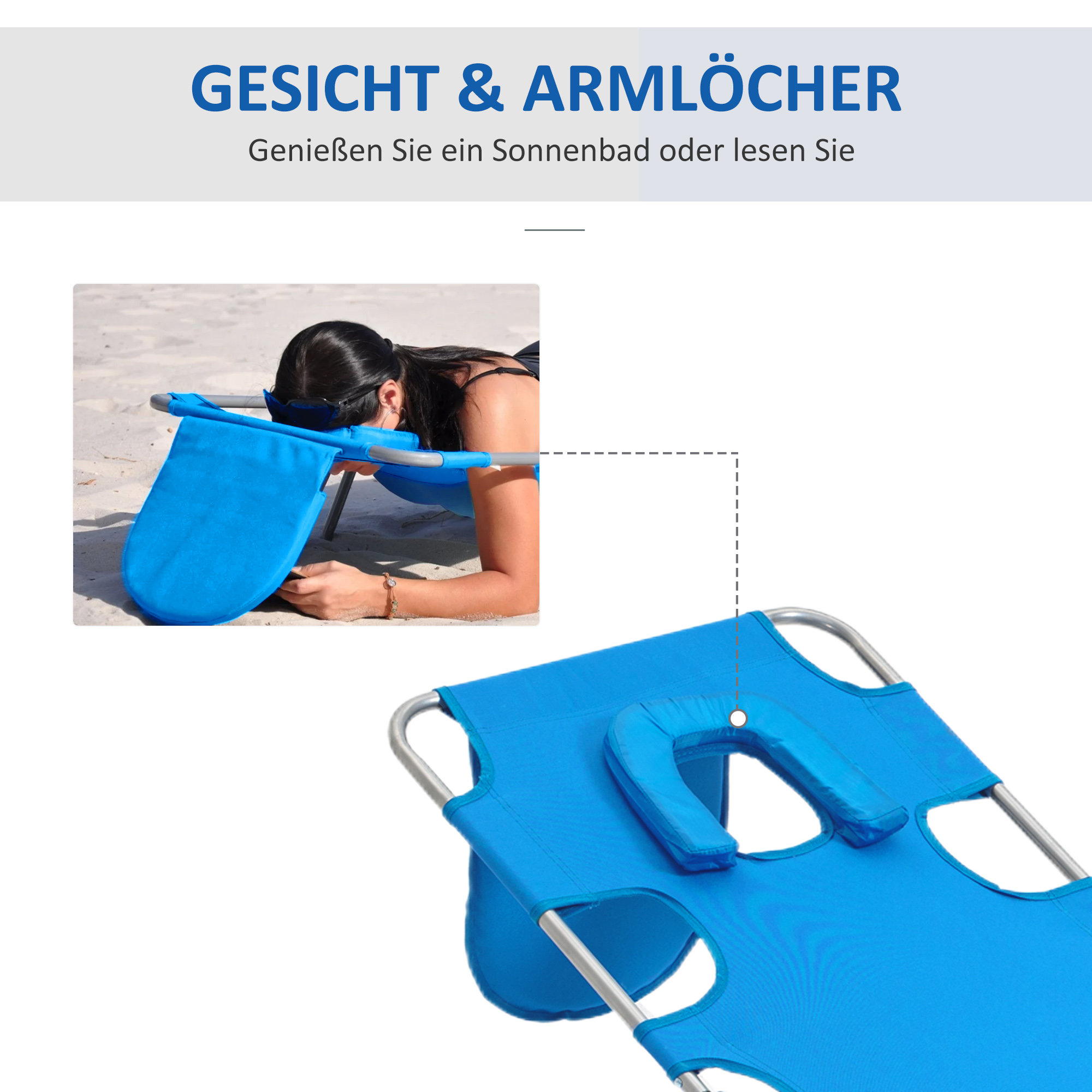 Person liegt auf blauem Strandstuhl, weißer Hintergrund.