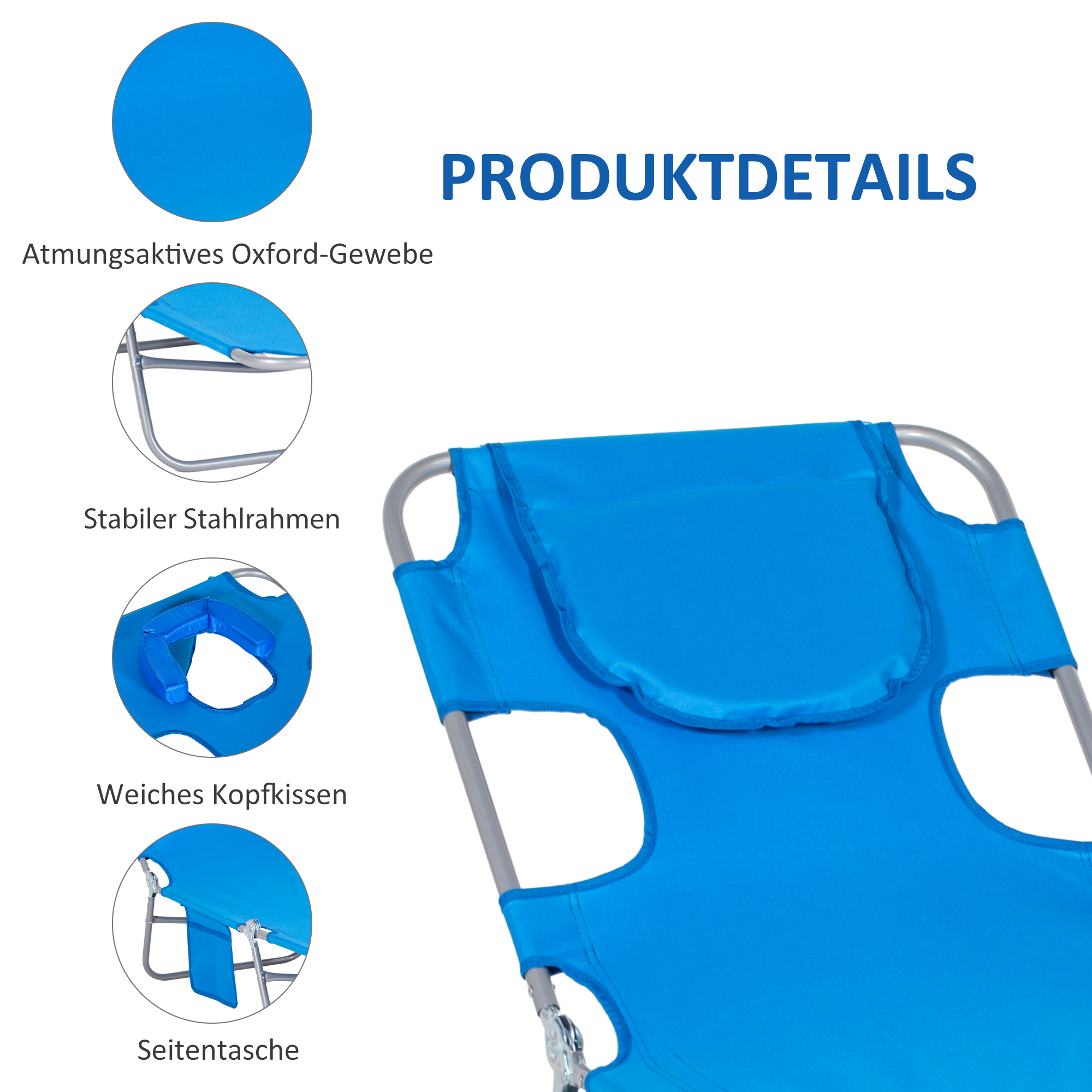 Blauer Liegestuhl mit Details, einschließlich Kopfstütze und Seitentasche.