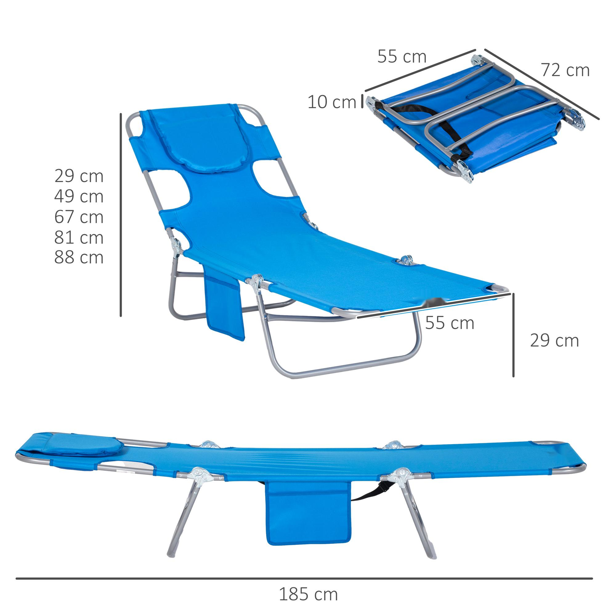 Blauer klappbarer Strandstuhl mit Maßen. Er ist in drei verschiedenen Positionen.
