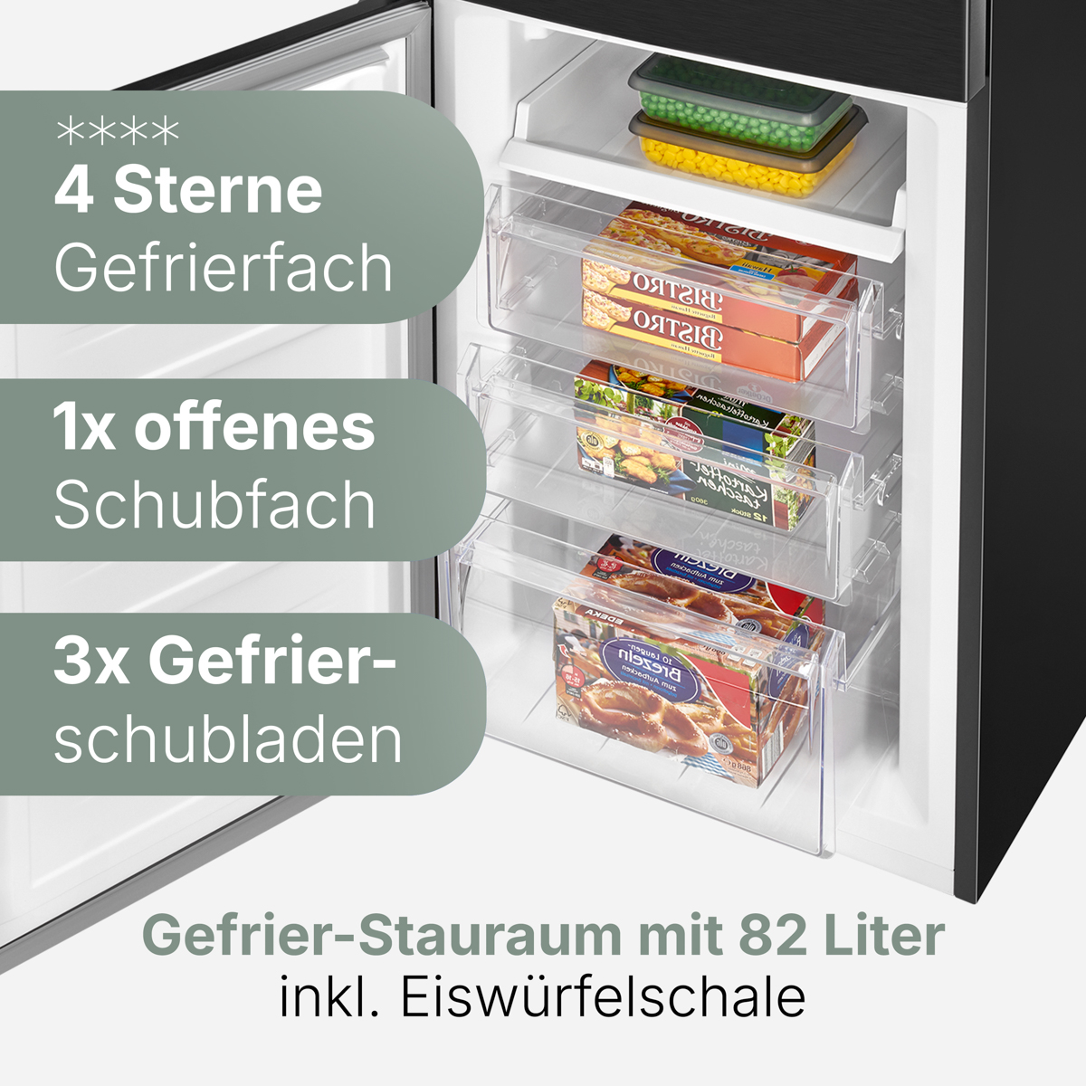 Kühlschrankinnenraum mit Schubladen, die mit Lebensmitteln gefüllt sind.