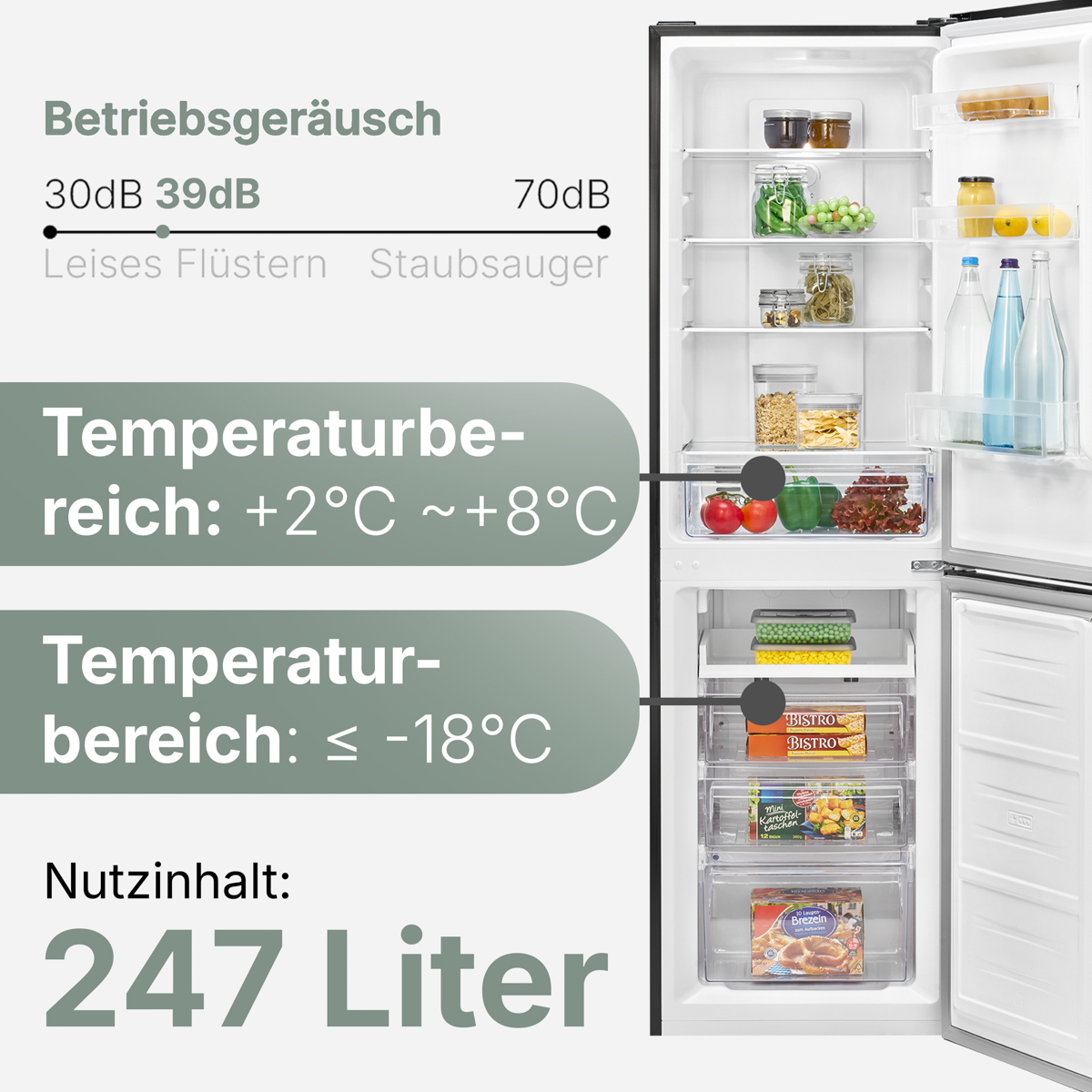 Kühlschrank mit offenen Türen, Regale mit Lebensmitteln. Text zeigt Geräuschpegel und Temperaturbereiche.