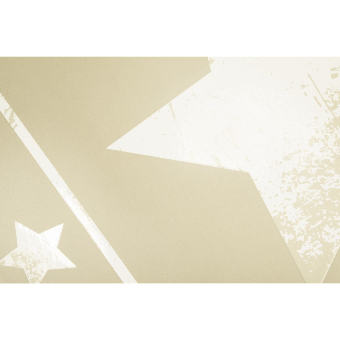 Beżowe tło z białą gwiazdą, białą linią i mniejszą białą gwiazdą.