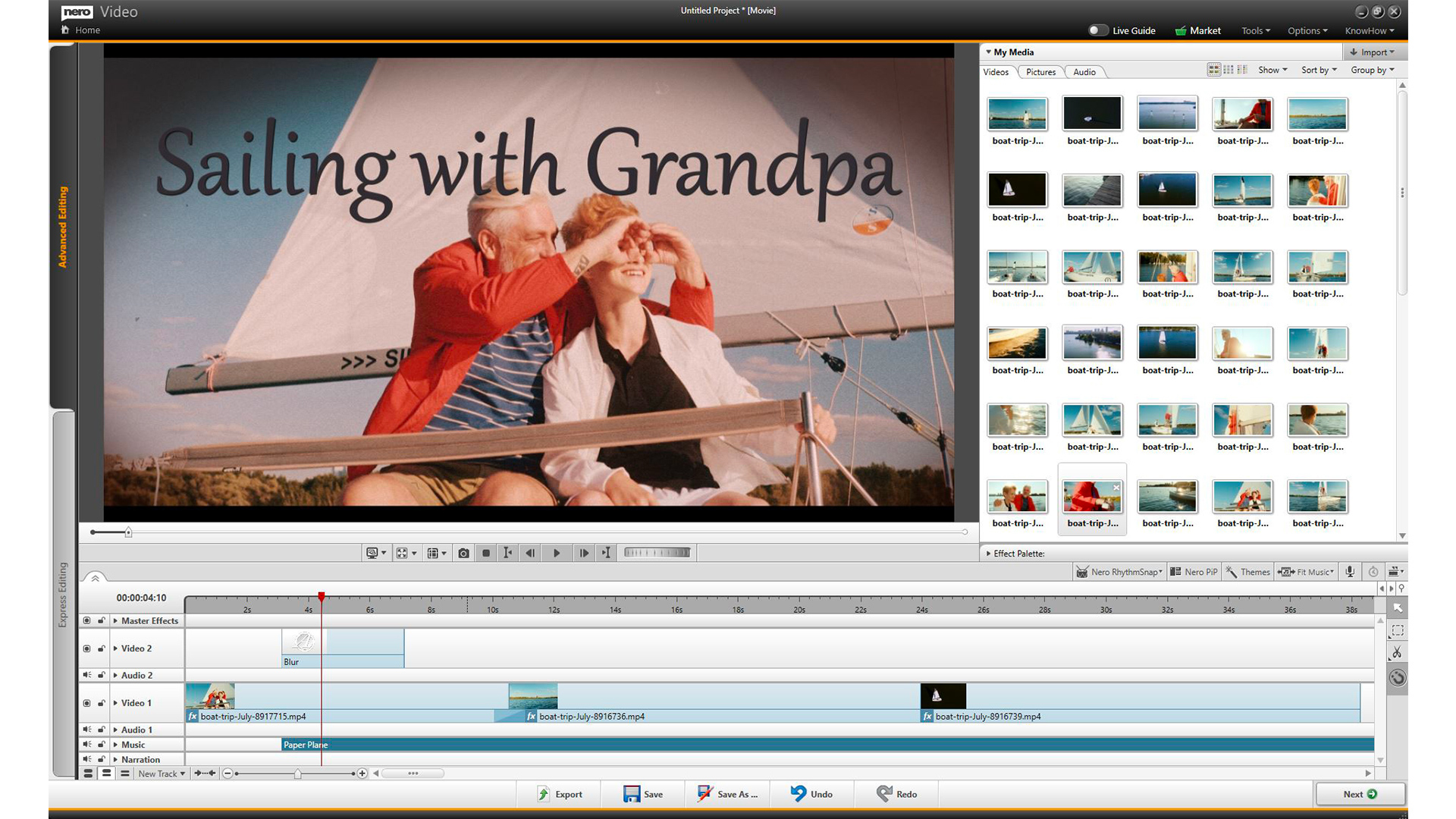Video-editing software interface. De video toont een man en vrouw op een zeilboot.