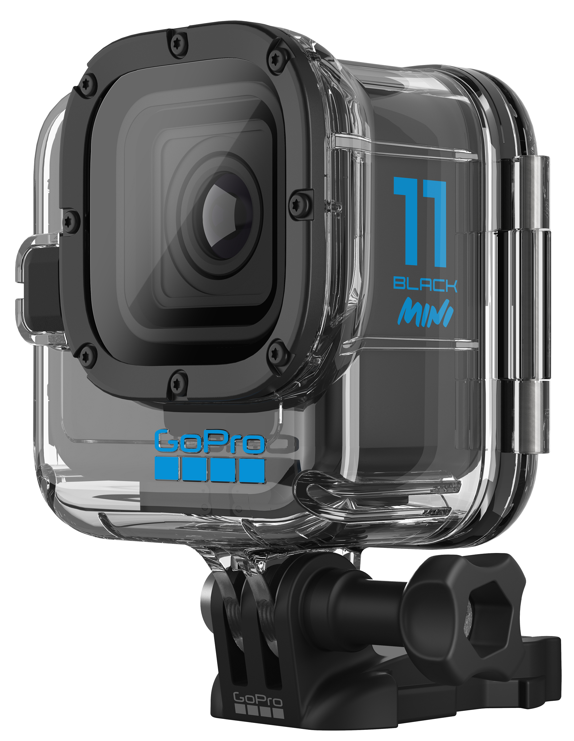 Kamera GoPro Black Mini 11 w przezroczystej, wodoodpornej obudowie. Widoczne jest logo GoPro.