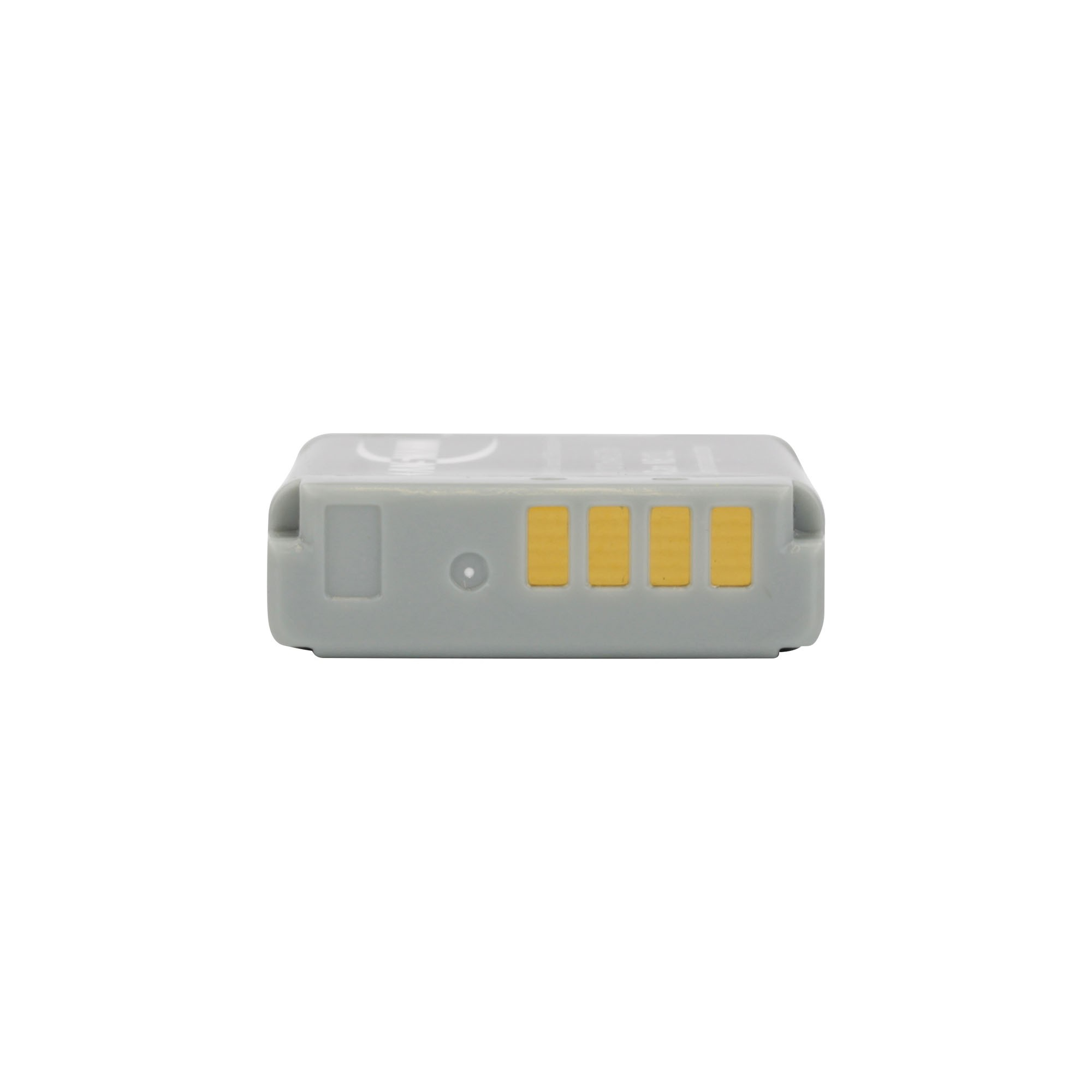 Graue Batterie mit gelben Kontakten. Flache Oberseite.