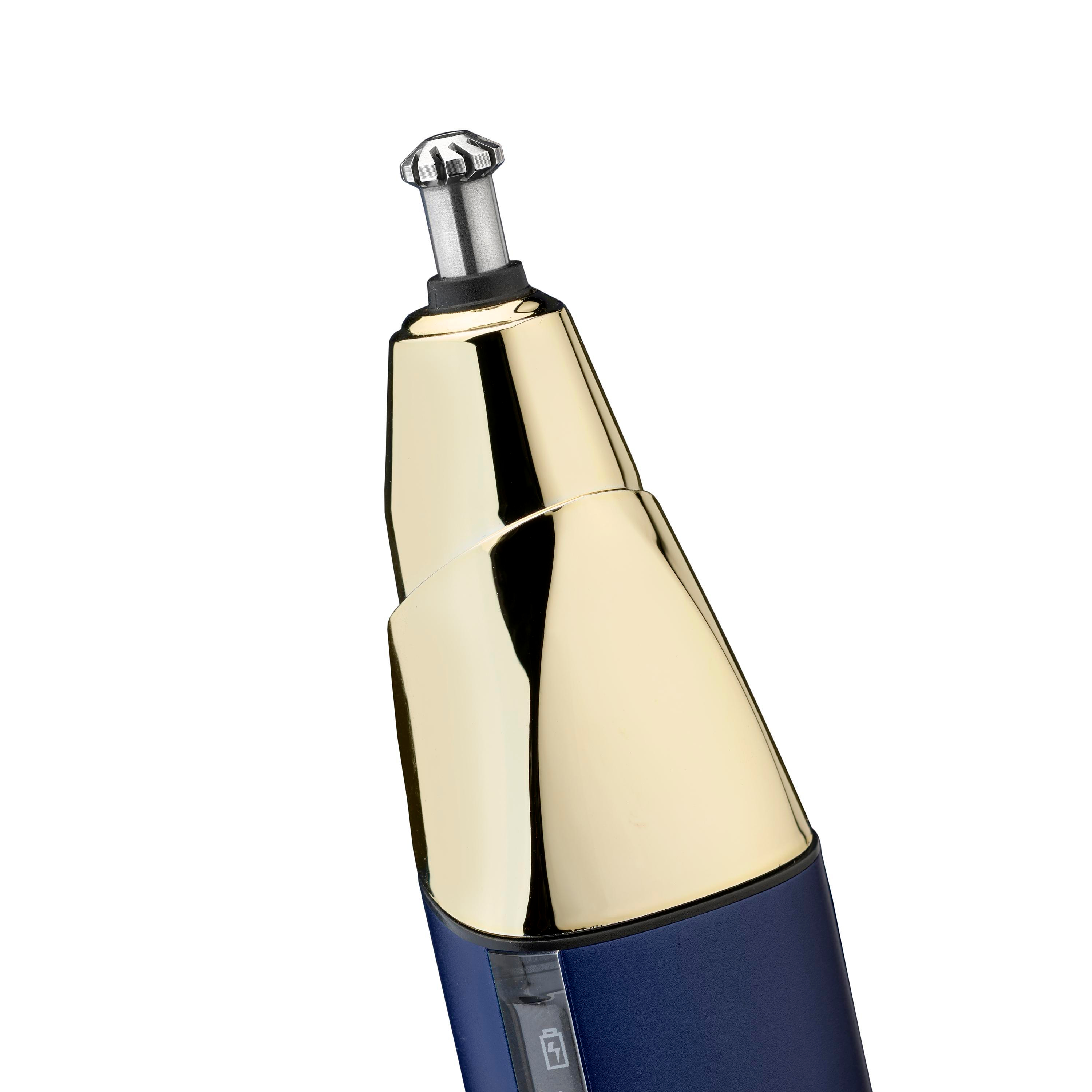 Nahaufnahme eines Nasenhaarschneiders, mit einem goldfarbenen Kopf und blauem Gehäuse.