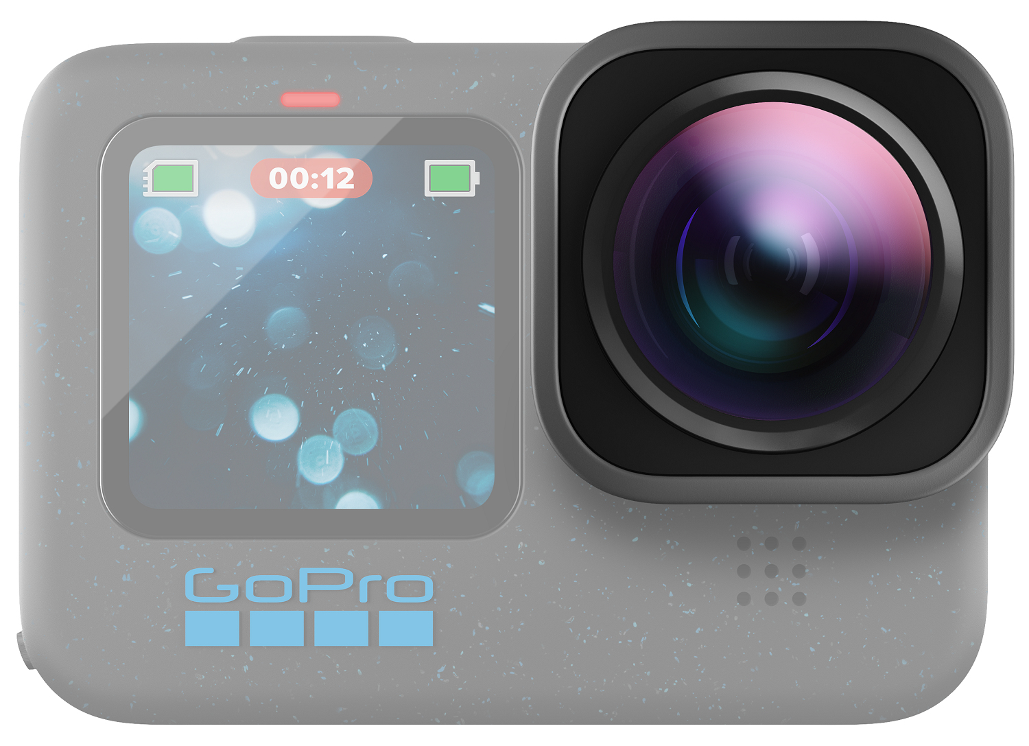 GoPro-Kamera mit Objektiv und Bildschirm. Der Bildschirm zeigt Zeit und Akkuladestand.