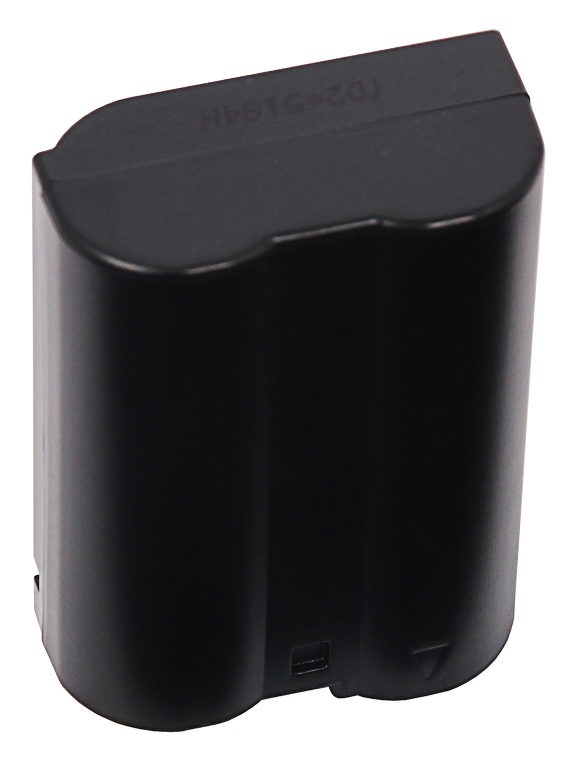 Batterie de caméra noire. Forme rectangulaire, bords arrondis et une étiquette en haut.