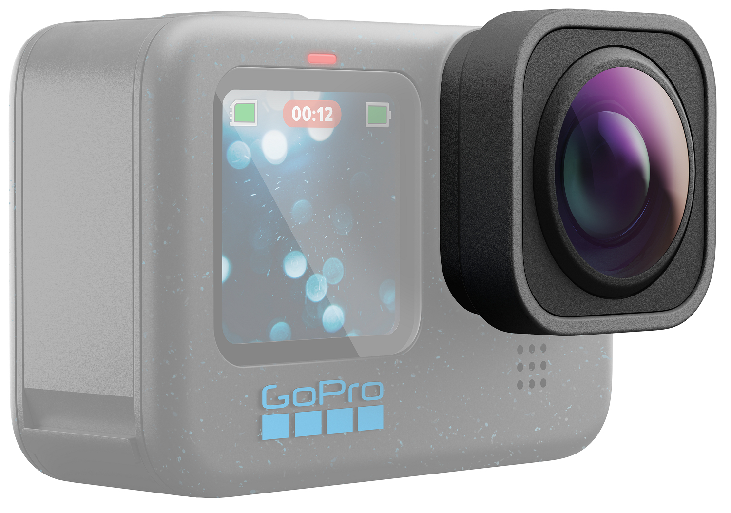 GoPro-Kamera Nahaufnahme. Objektiv und Bildschirm sind sichtbar, Bildschirm zeigt Zeit.