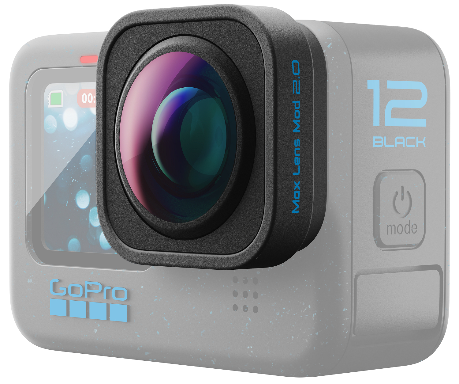Eine schwarze GoPro-Kamera mit aufgesetztem Objektiv, beschriftet Max Lens Mod 2.0, mit blauem Umriss.