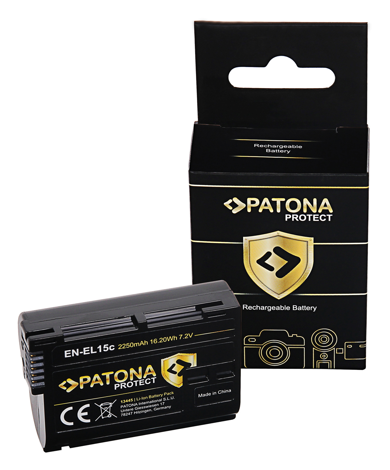 Une batterie noire dans une boîte, étiquetée avec 'PATONA PROTECT' et 'Rechargeable Battery'.