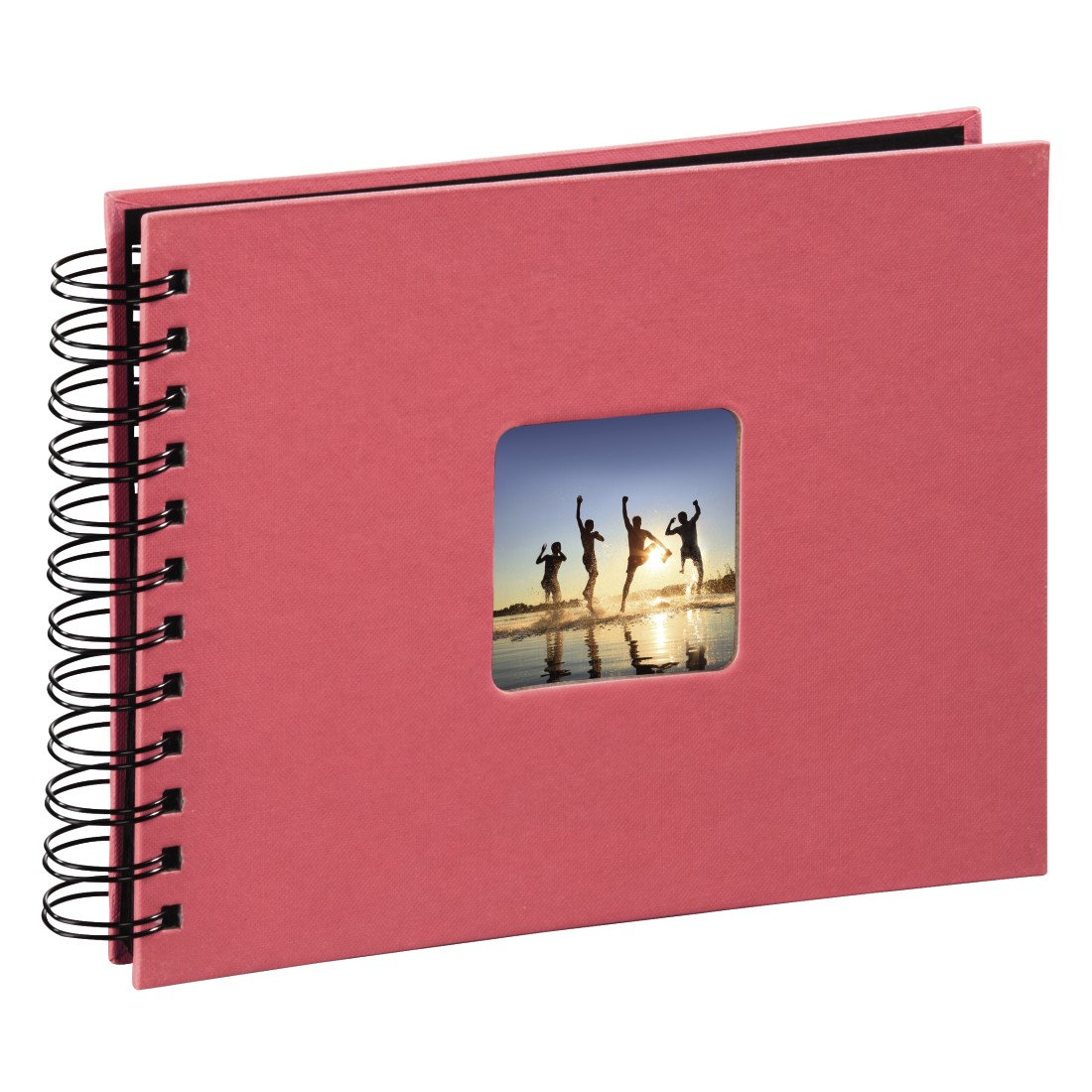 Różowy album ze spiralą i oknem na zdjęcie, pokazujący ludzi skaczących do wody.