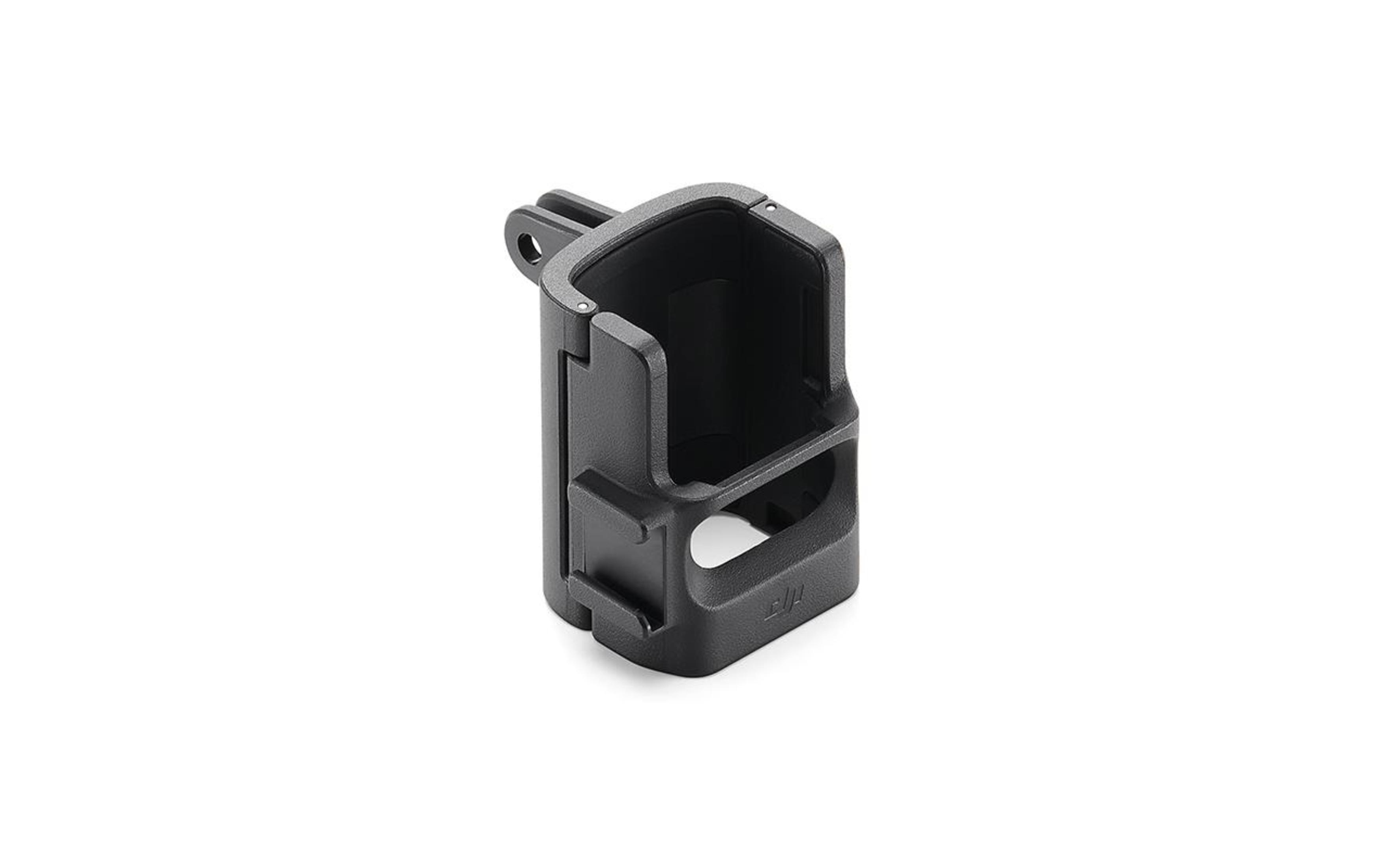 Schwarzes Kunststoffgehäuse für GoPro-Kamera, mit Halterung oben. Das Gehäuse ist leer.