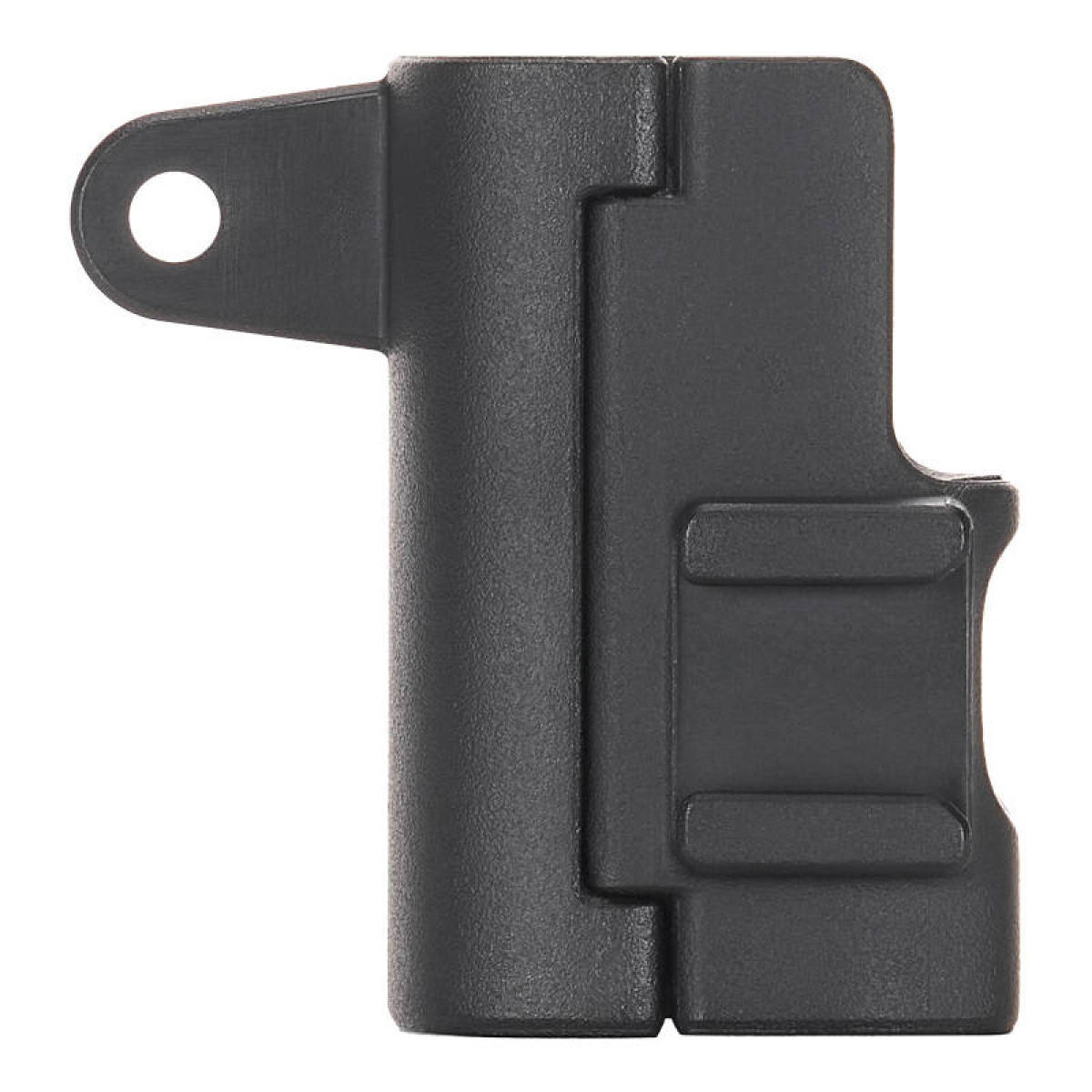Eine schwarze DJI-Zubehörhalterung aus Kunststoff mit Schraubenloch und Clip, vor weißem Hintergrund.